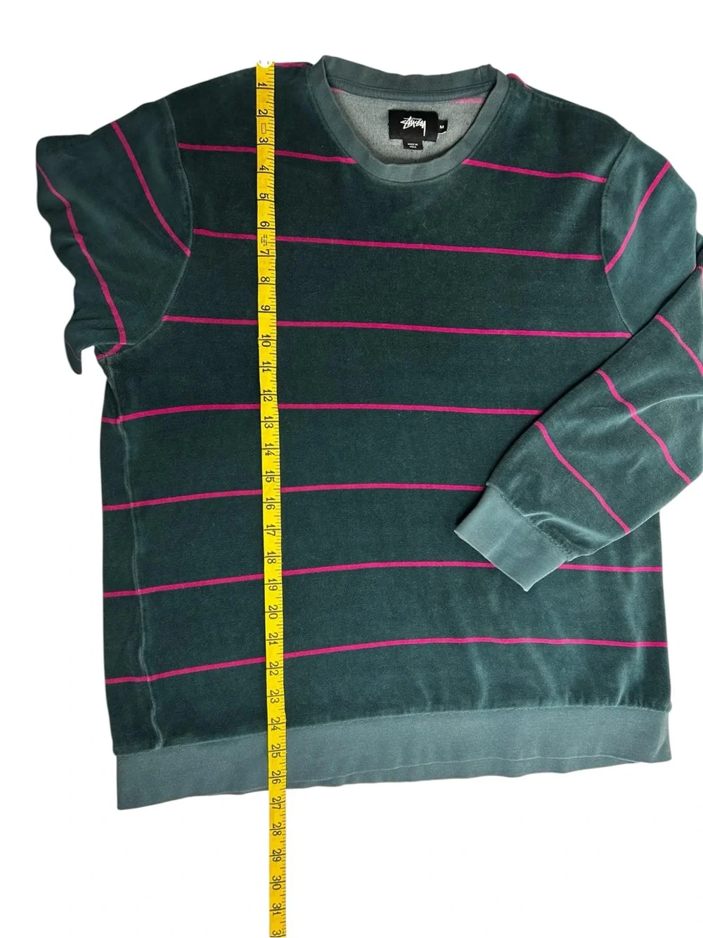 Stussy Stripe Velour Long Sleeve Crewneck Sweatshirt Teal Pink Mens M